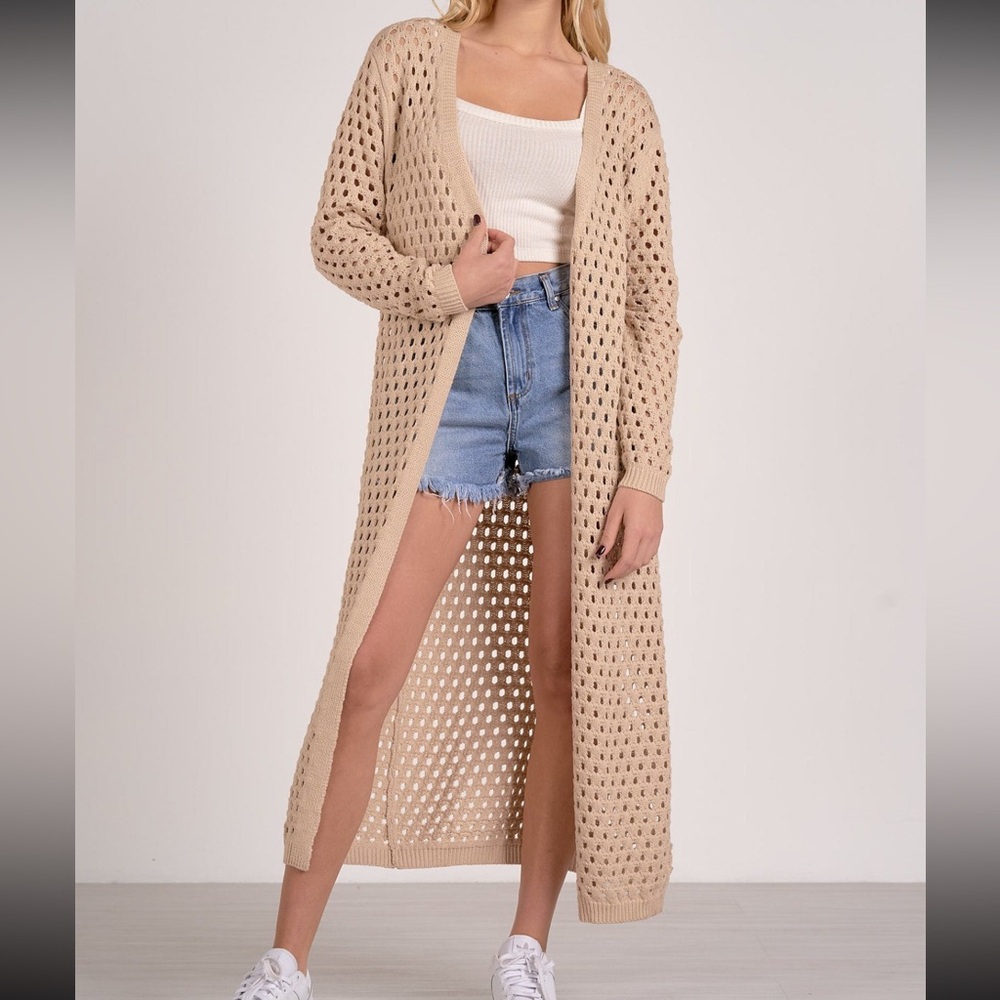 New with tags. Elan duster cardigan. Open knit. Crochet style. Sand